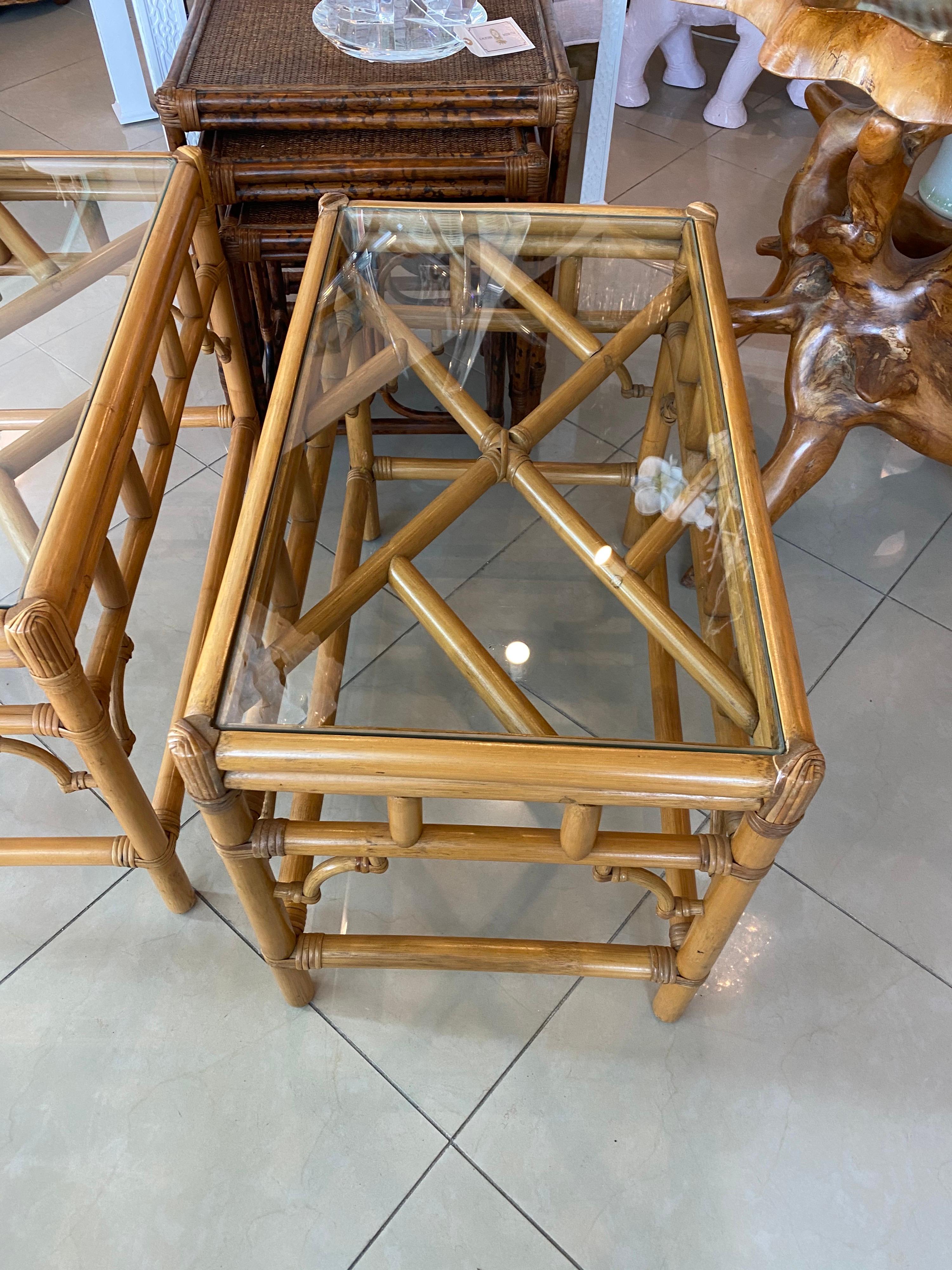 Pair of Vintage Chinese Chippendale Rattan Side Glass Top End Tables 4
