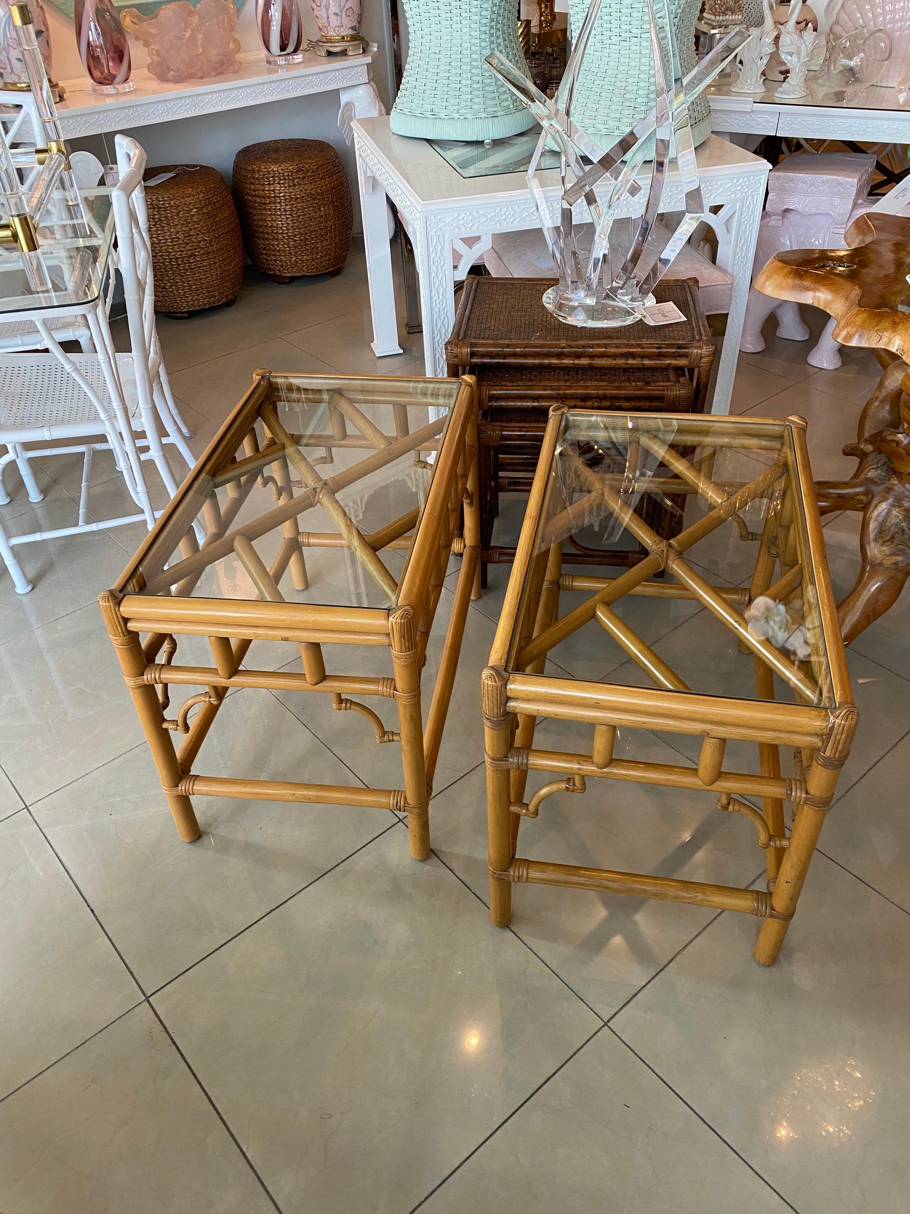 Pair of Vintage Chinese Chippendale Rattan Side Glass Top End Tables 6
