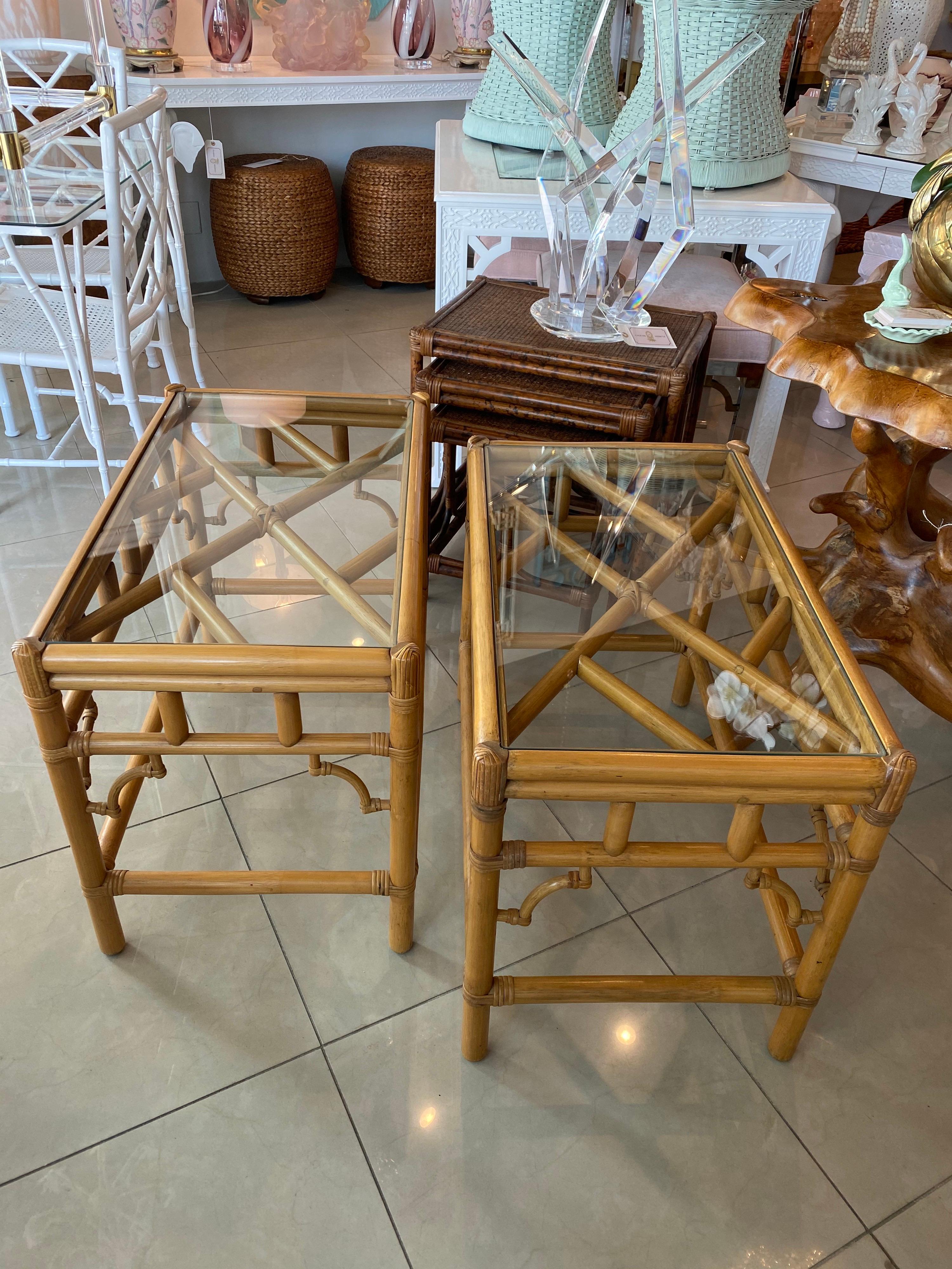 Hollywood Regency Pair of Vintage Chinese Chippendale Rattan Side Glass Top End Tables