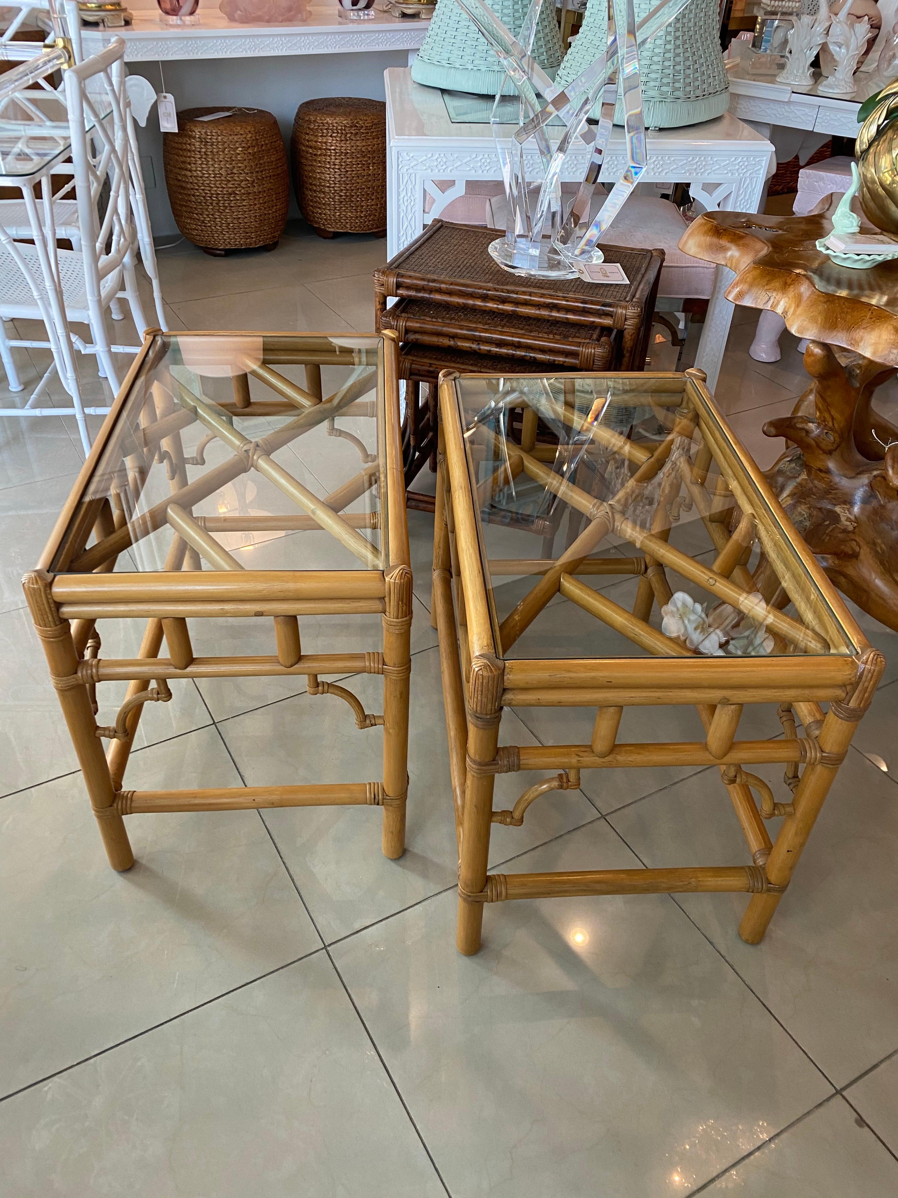American Pair of Vintage Chinese Chippendale Rattan Side Glass Top End Tables