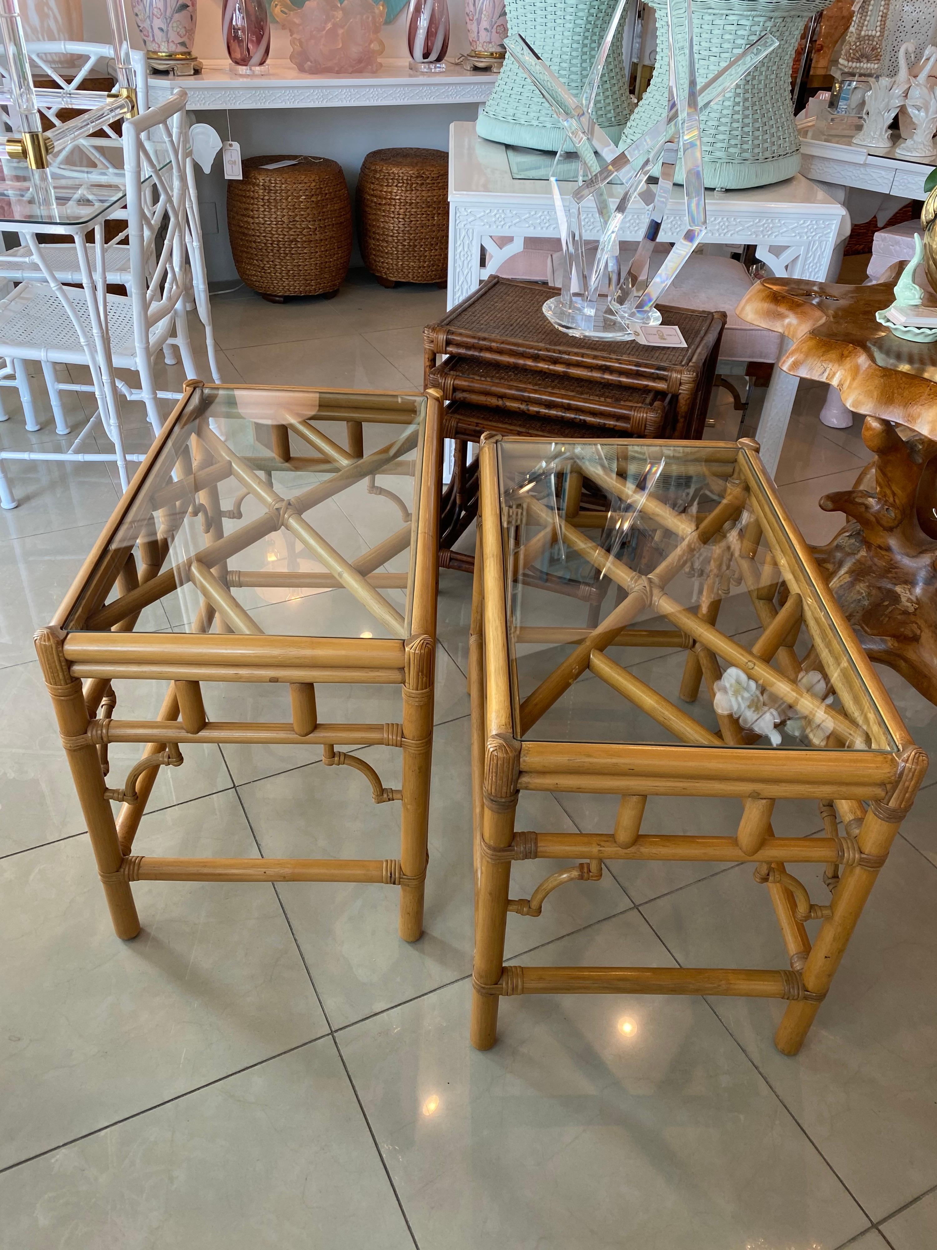 Late 20th Century Pair of Vintage Chinese Chippendale Rattan Side Glass Top End Tables