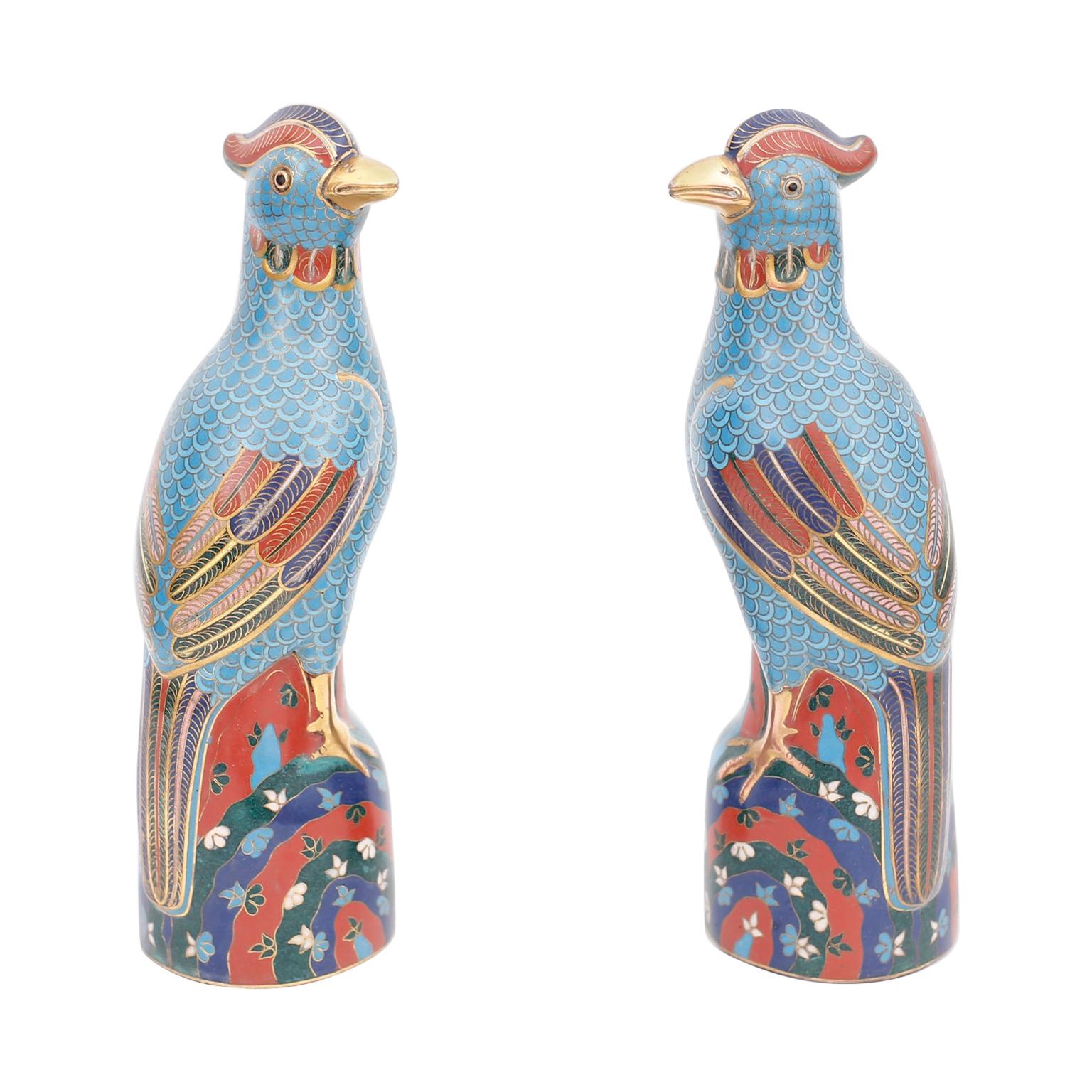 Pair of Vintage Chinese Cloisonné Birds For Sale