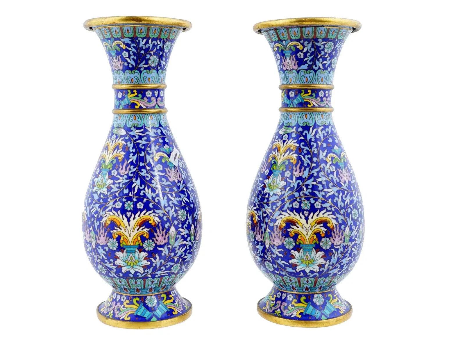 Cloisonné Coppia di vasi cinesi d'epoca in smalto cloisonne in vendita