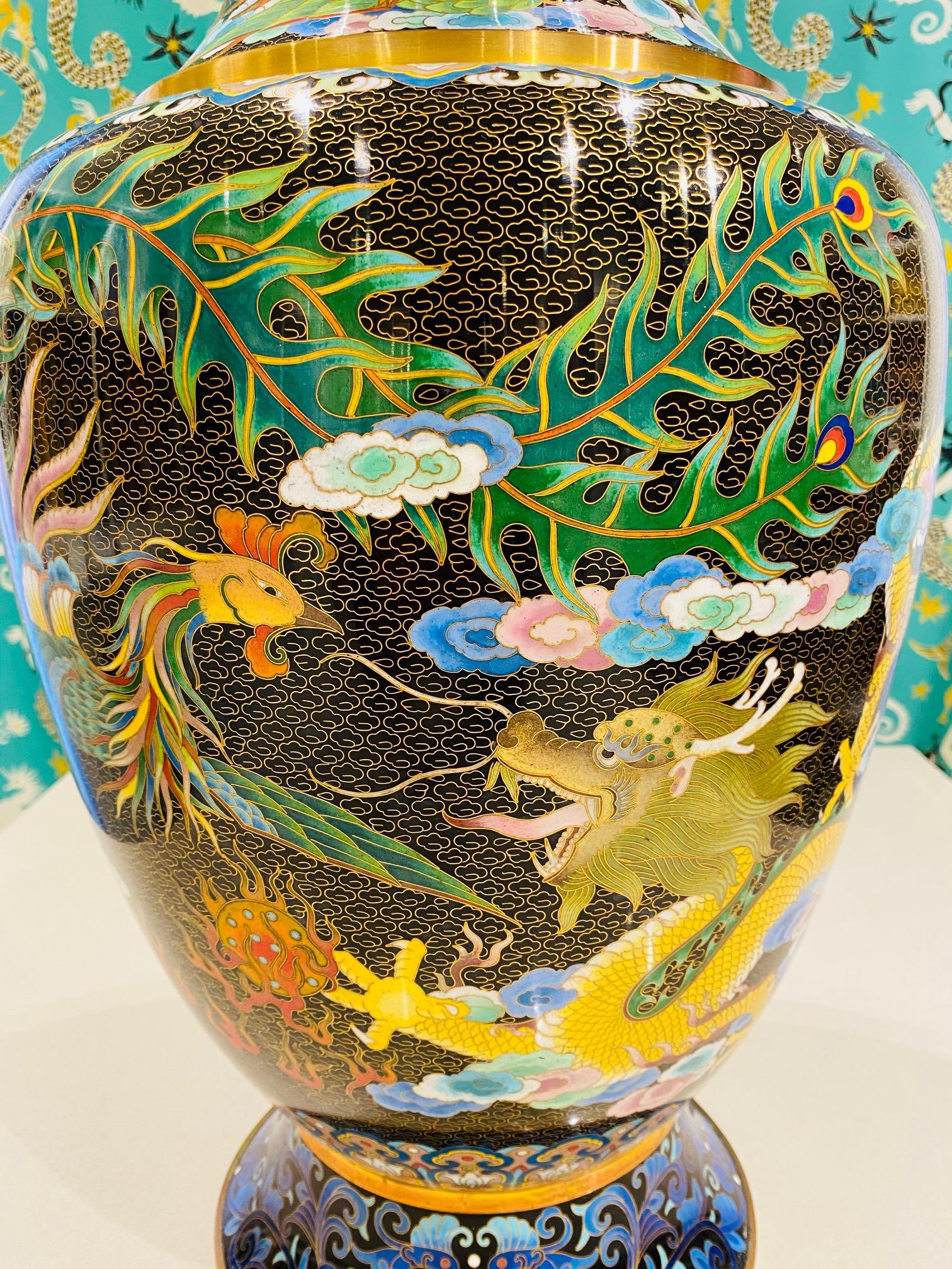 Pair of Vintage Chinese Cloisonné Vases with Dragons and Phoenix, c. 1940's 3