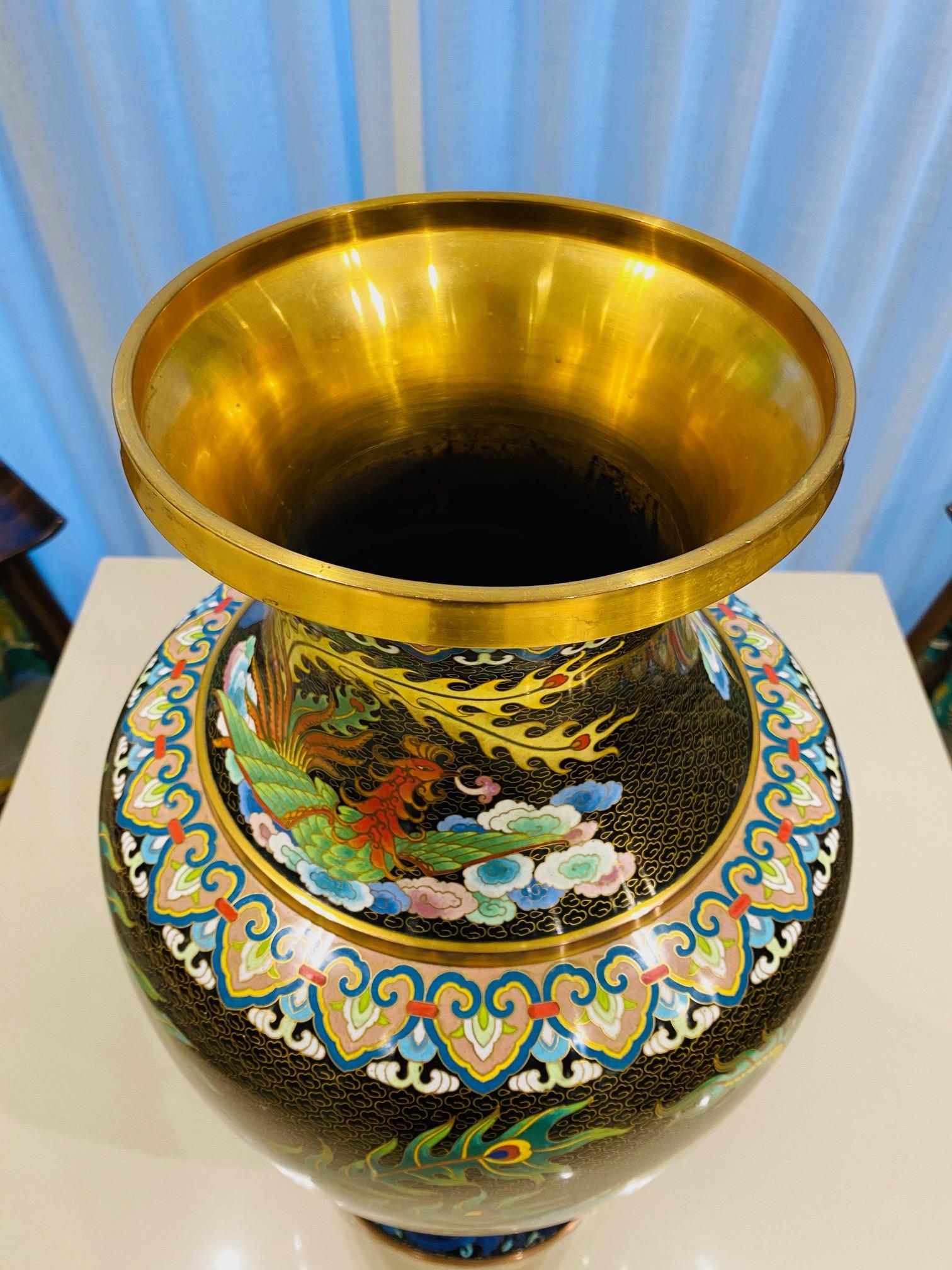 Pair of Vintage Chinese Cloisonné Vases with Dragons and Phoenix, c. 1940's 4