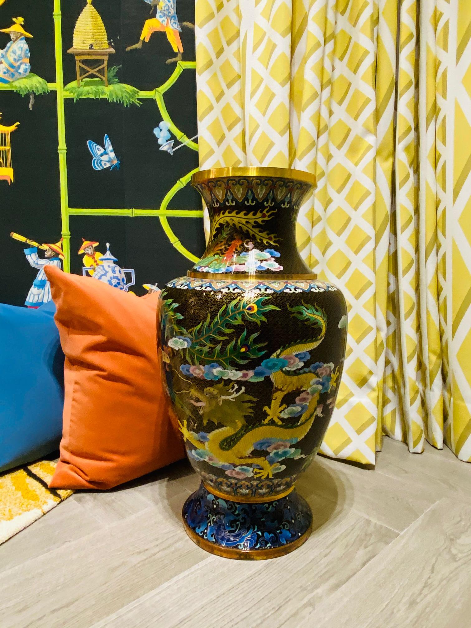 Pair of Vintage Chinese Cloisonné Vases with Dragons and Phoenix, c. 1940's 10