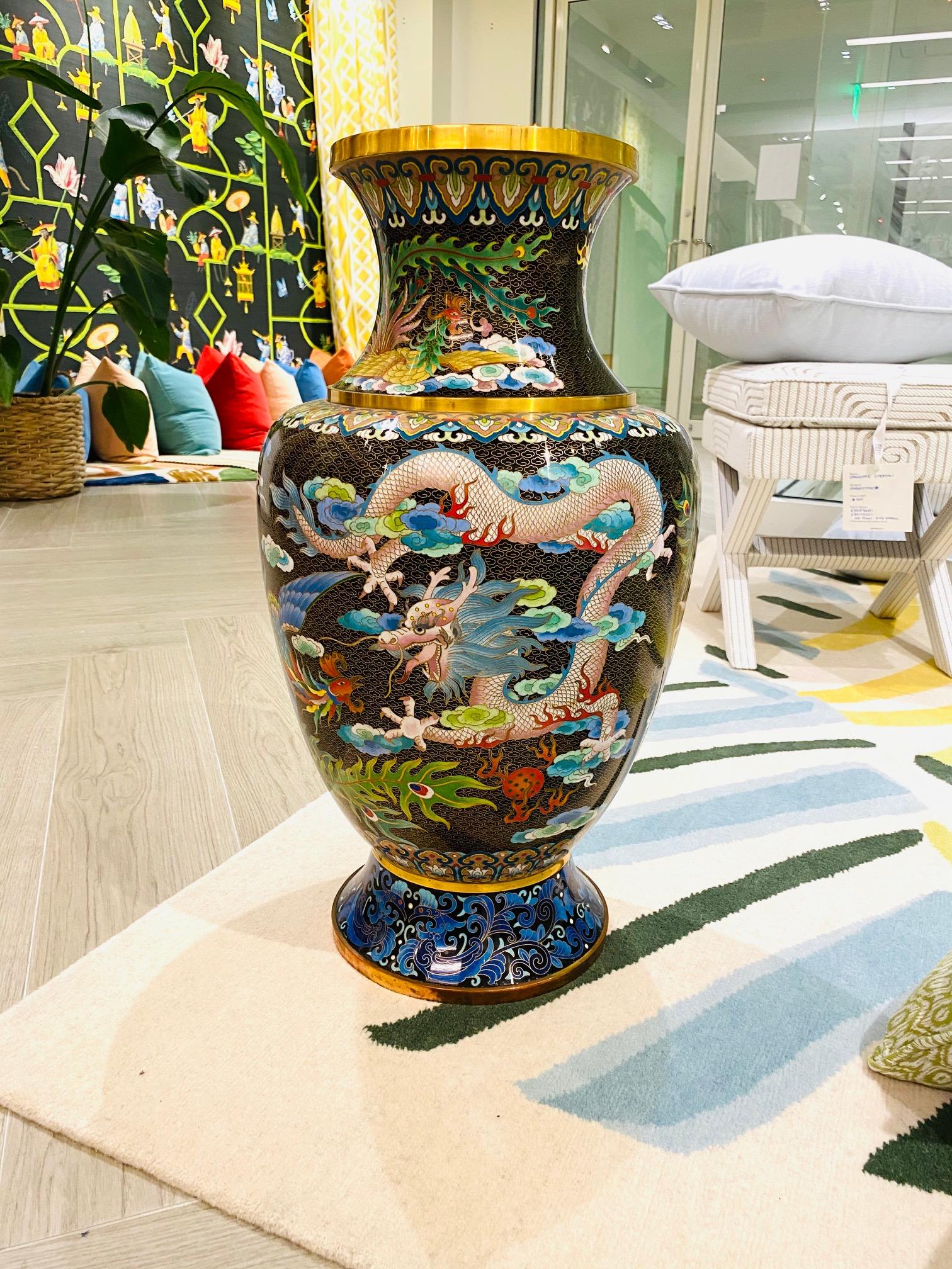 Pair of Vintage Chinese Cloisonné Vases with Dragons and Phoenix, c. 1940's 11