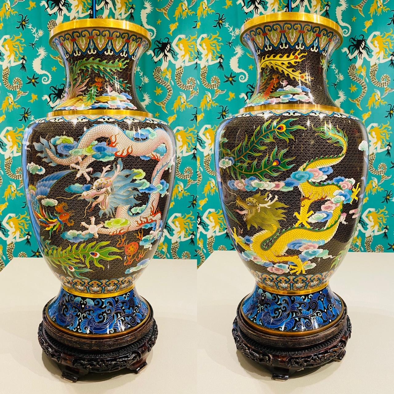 Pair of exquisite 1940's Chinese Cloisonné large vases. Cloisonné is an ancient technique which incorporates decorative materials like enamel, colored glass, or gemstones into metalwork objects bound by wire on metal backing. The pair of vases