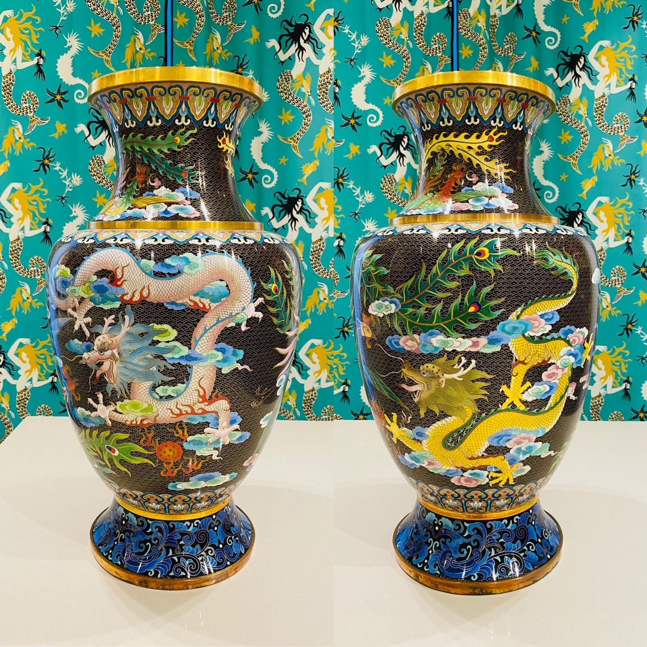 Chinese Export Pair of Vintage Chinese Cloisonné Vases with Dragons and Phoenix, c. 1940's