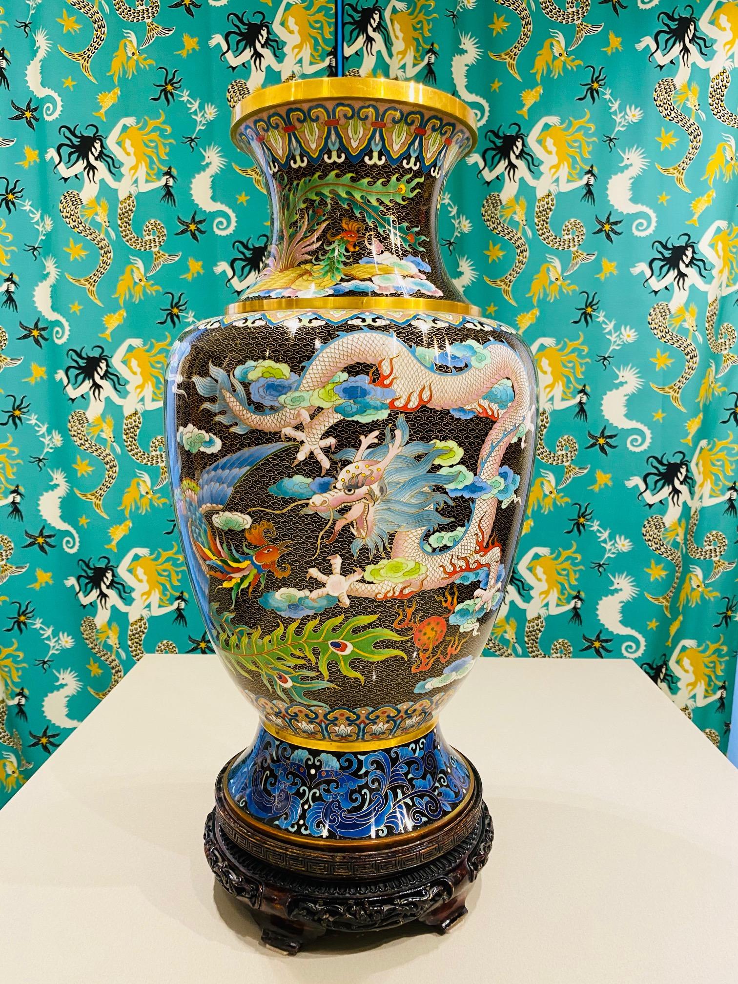 Hand-Carved Pair of Vintage Chinese Cloisonné Vases with Dragons and Phoenix, c. 1940's