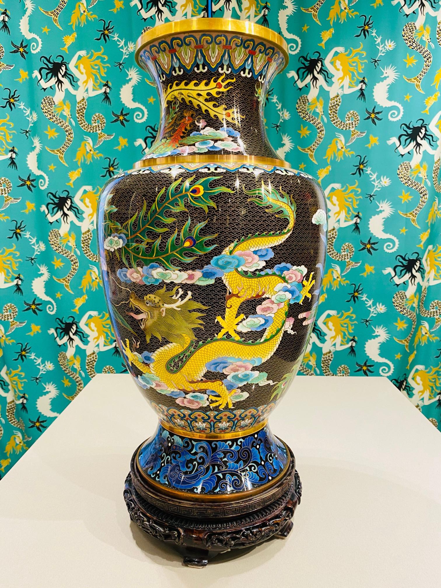 Pair of Vintage Chinese Cloisonné Vases with Dragons and Phoenix, c. 1940's In Good Condition In Fort Lauderdale, FL
