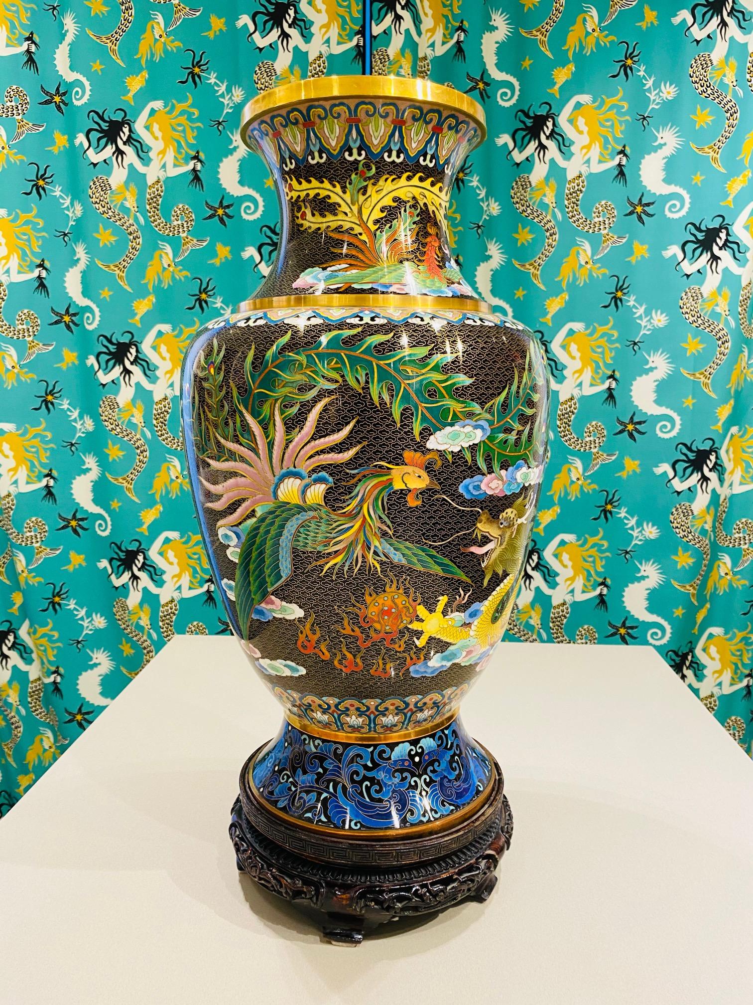 Mid-20th Century Pair of Vintage Chinese Cloisonné Vases with Dragons and Phoenix, c. 1940's