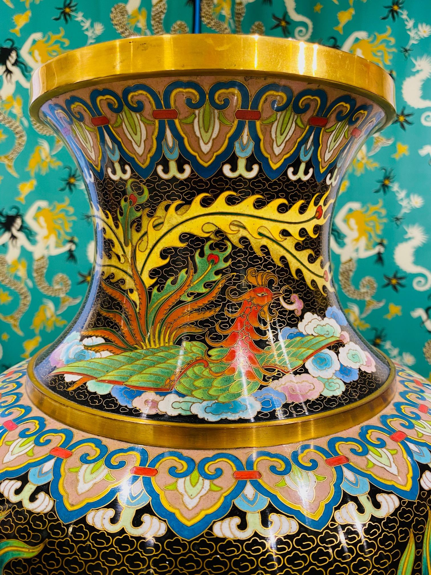 Brass Pair of Vintage Chinese Cloisonné Vases with Dragons and Phoenix, c. 1940's