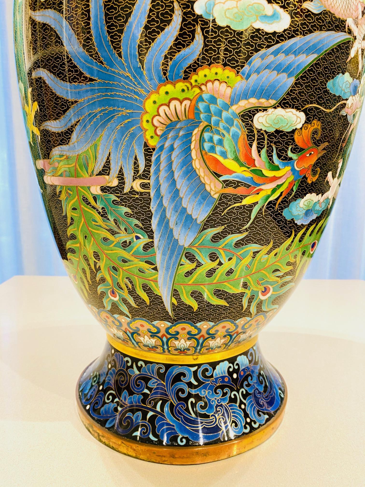 Pair of Vintage Chinese Cloisonné Vases with Dragons and Phoenix, c. 1940's 1