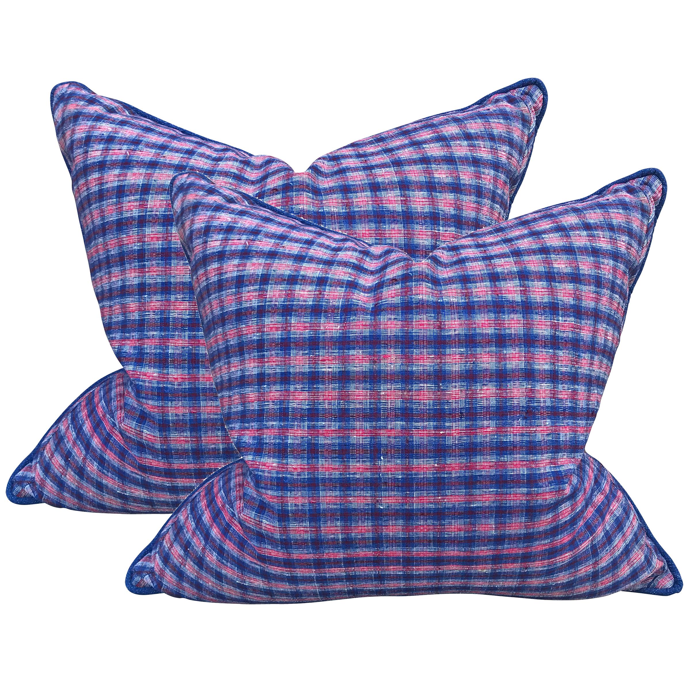 Pair of Vintage Chinese Cotton Plaid Pillows