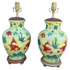 Pair of Vintage Chinese Coy Fish Yellow Ginger Jar Lamps