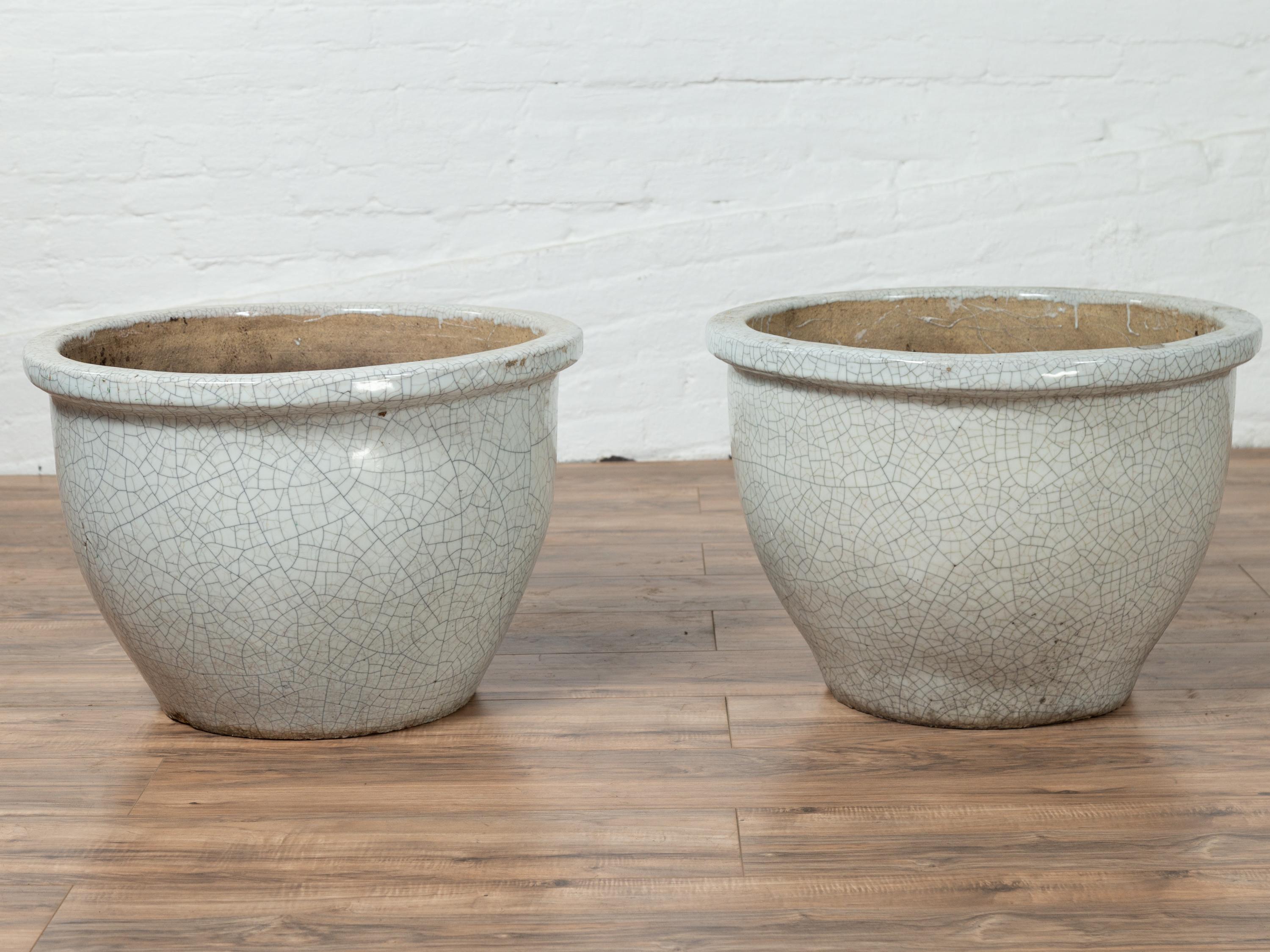 Pair of Vintage Chinese Cracked Celadon Circular Tapering Planters 2