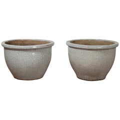 Pair of Vintage Chinese Cracked Celadon Circular Tapering Planters