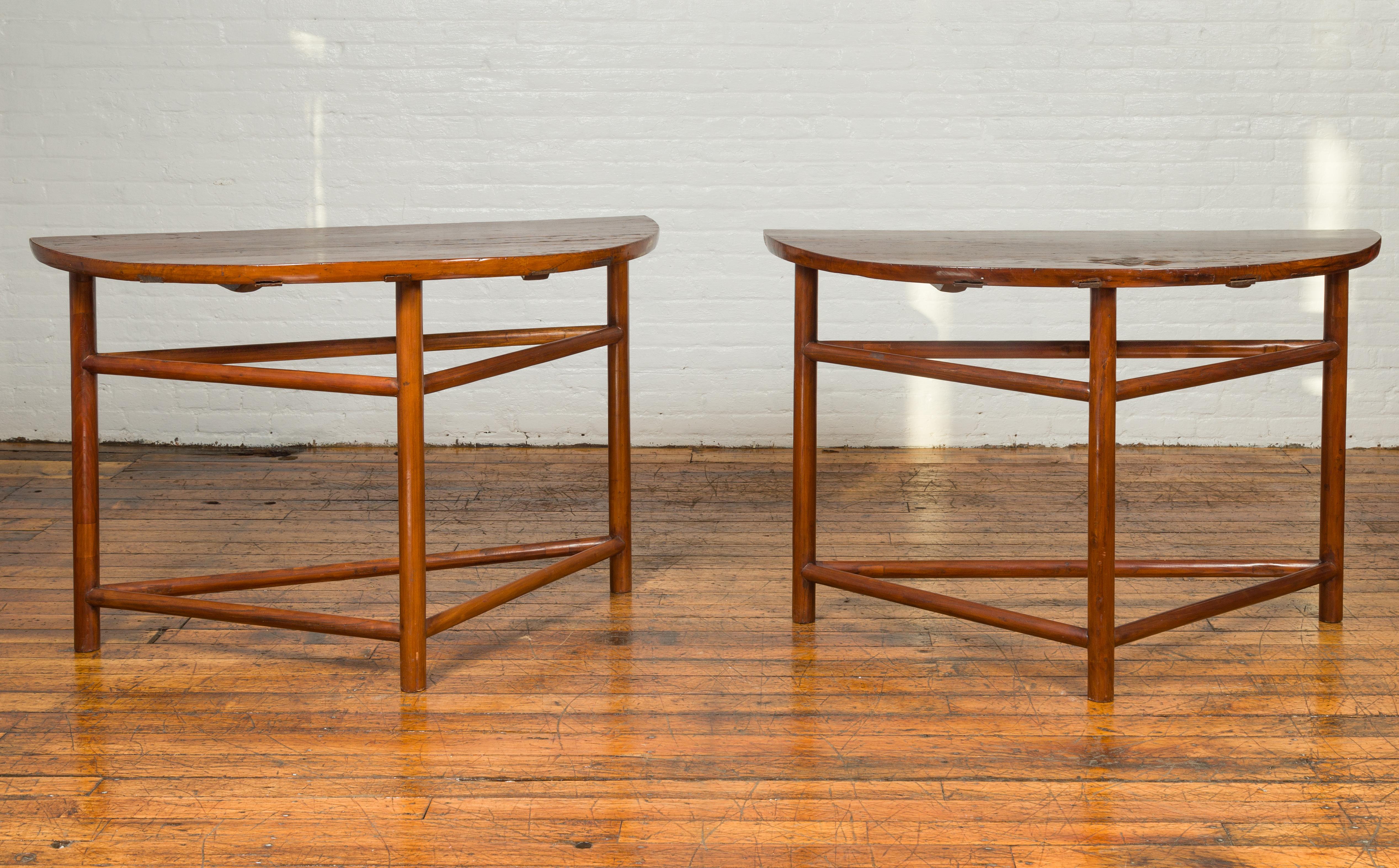 Pair of Vintage Chinese Demilune Console Tables with Semi-Circular Tops In Good Condition In Yonkers, NY