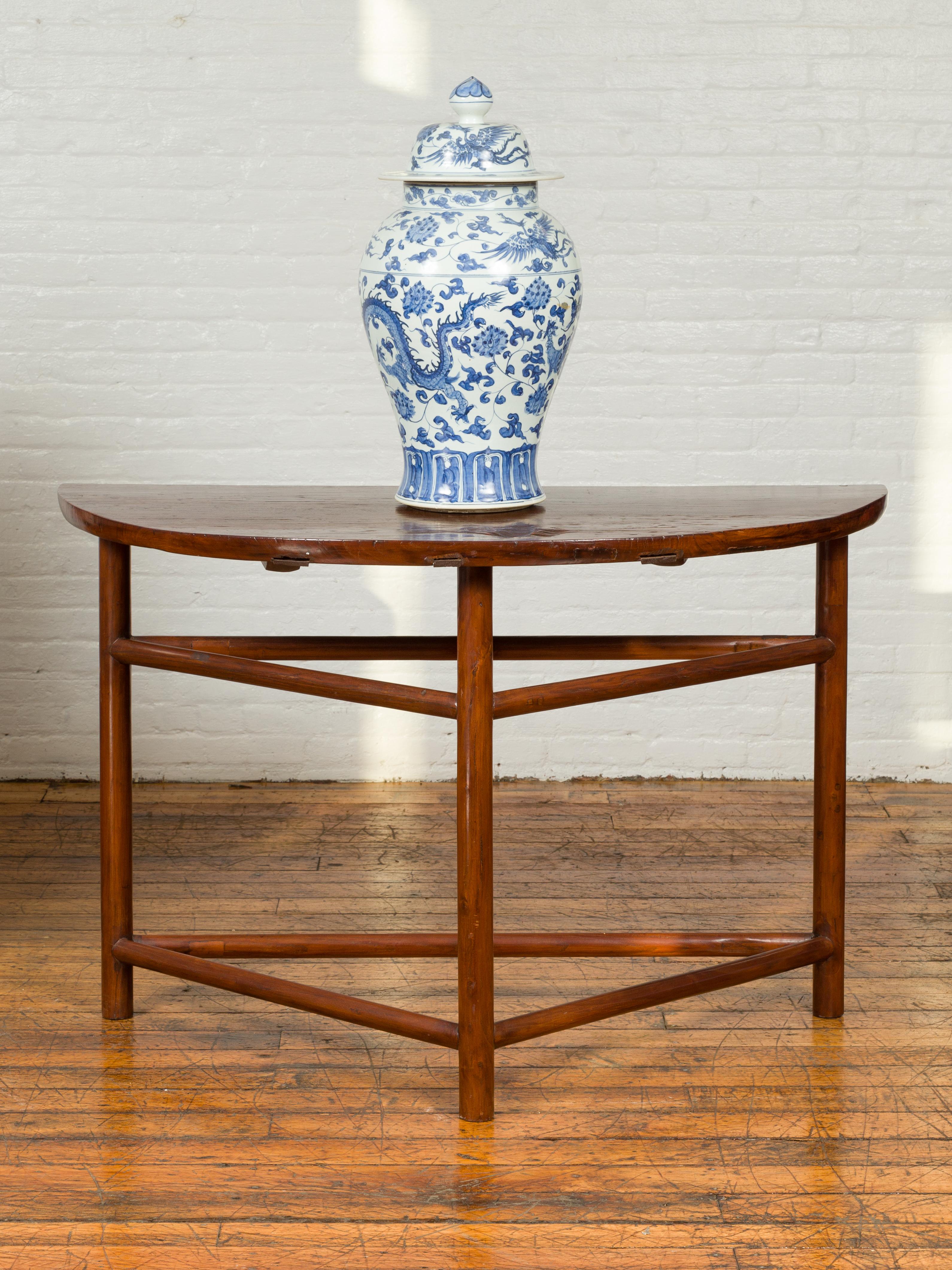 20th Century Pair of Vintage Chinese Demilune Console Tables with Semi-Circular Tops