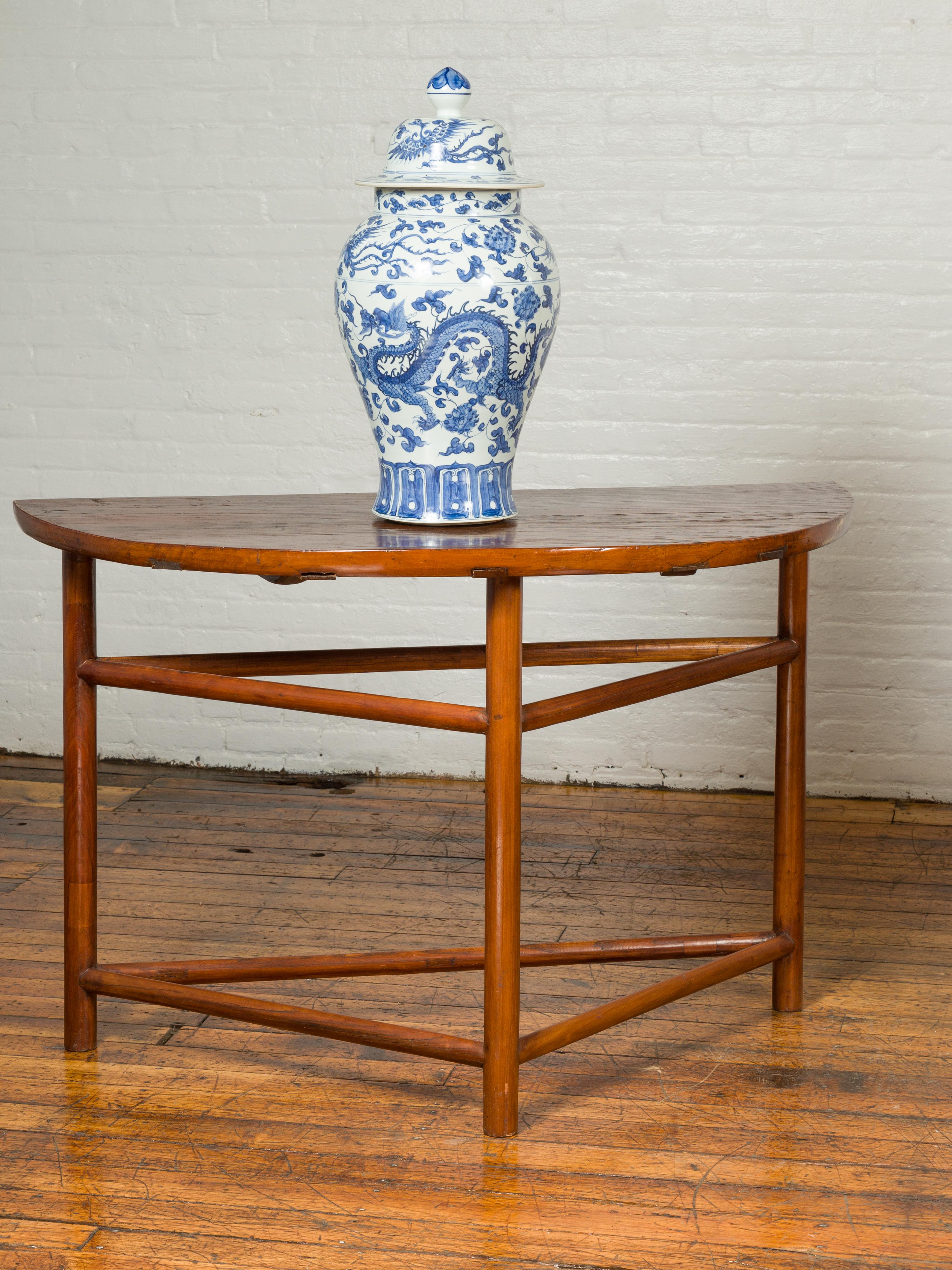 Wood Pair of Vintage Chinese Demilune Console Tables with Semi-Circular Tops