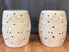 Pair of Vintage Chinese Dragon Motif White Ceramic Garden Stools