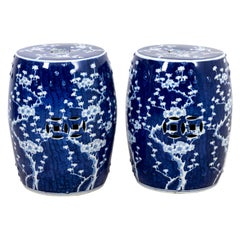 Pair of Vintage Chinese Export Blue and White Porcelain Garden Stools