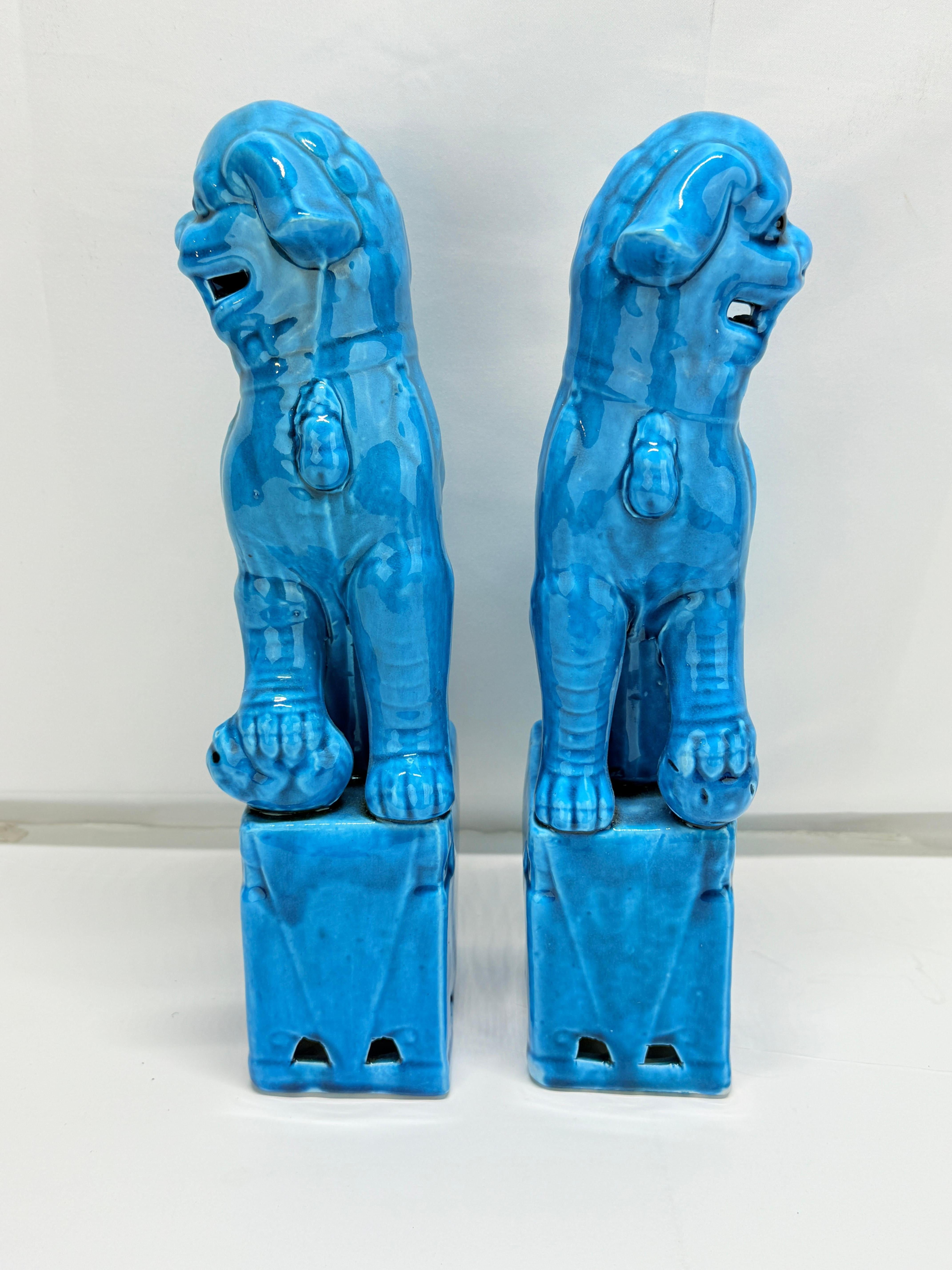 Pair of Vintage Chinese Export Turquoise-Glazed Porcelain Foo Dogs 13