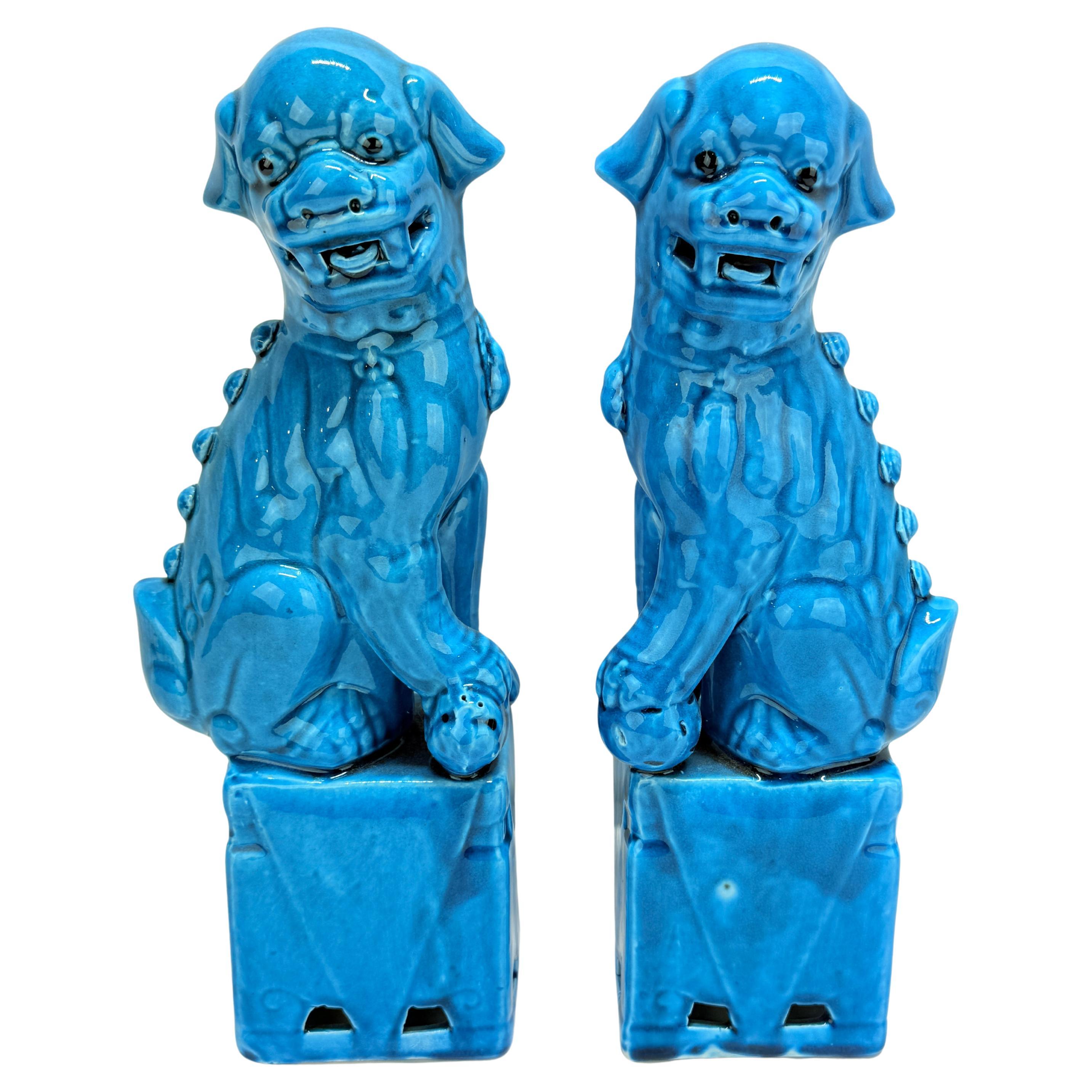 Pair of Vintage Chinese Export Turquoise-Glazed Porcelain Foo Dogs 13" For Sale