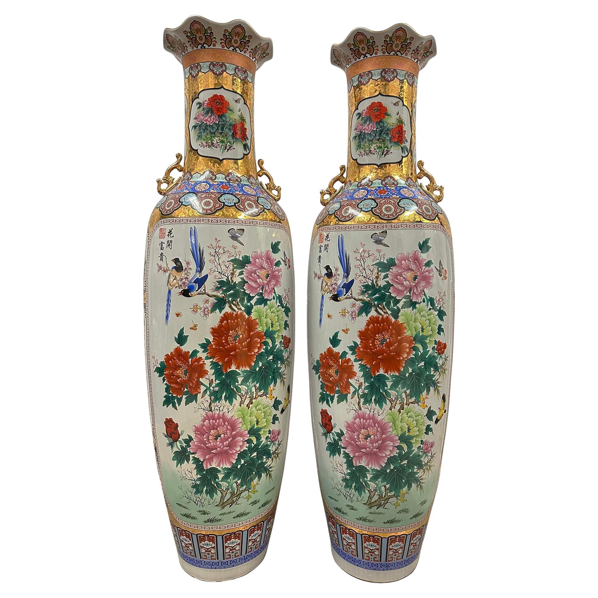 Pair of Vintage Chinese Famille Rose Porcelain Floor Vases