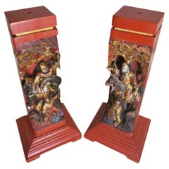 Pair of Vintage Chinese Figural Architectural Element Incense Burner Stand