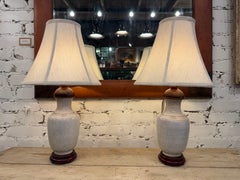 Pair of Vintage Chinese Fish Scale Porcelain Table Lamps with Wood Bases
