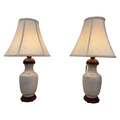 Pair of Vintage Chinese Fish Scale Porcelain Table Lamps with Wood Bases