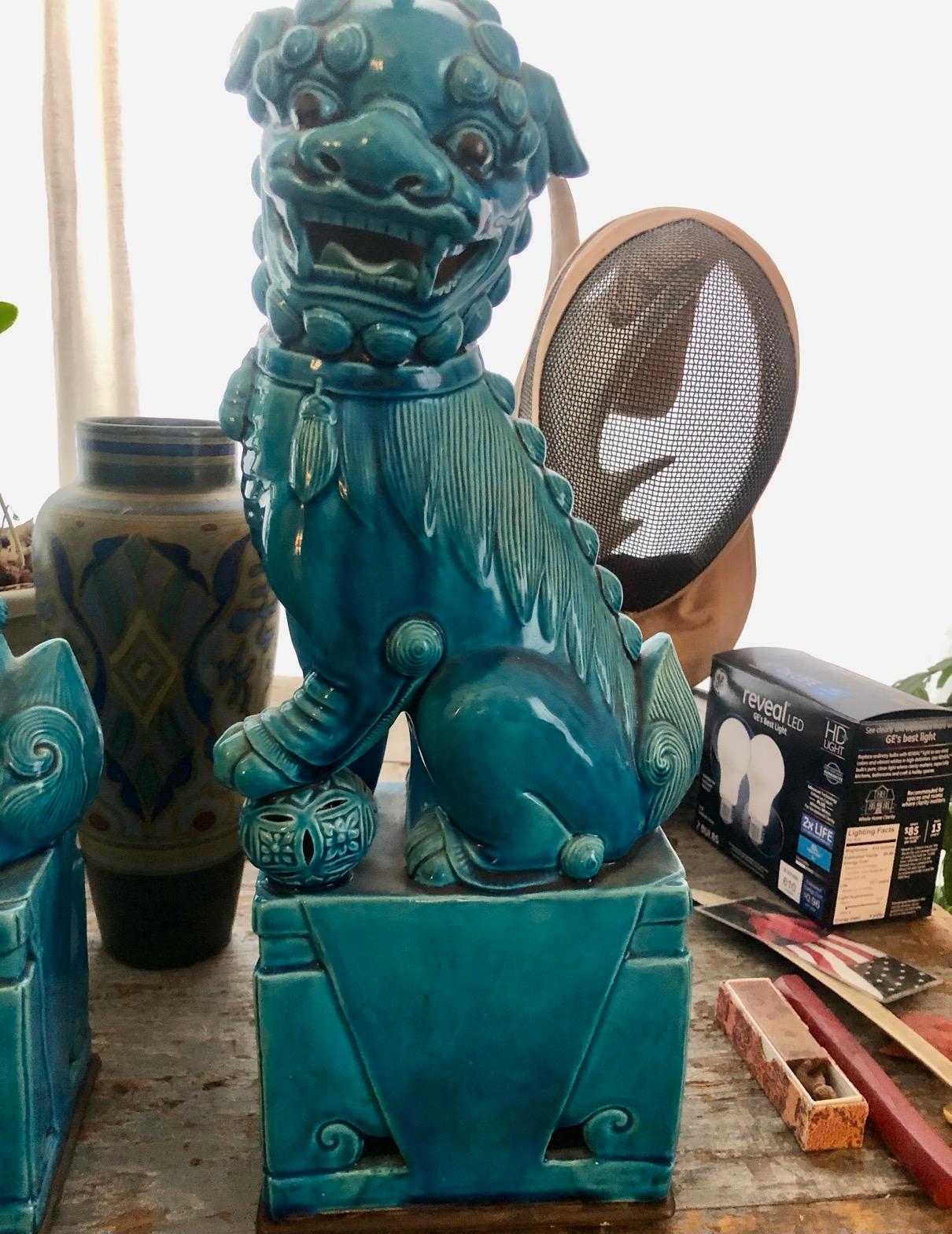 Glazed Pair of Vintage Chinese Fu Dog Lamp For Sale