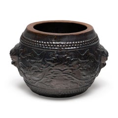 Pair of Vintage Chinese Garden Drum Planters with Peonies & Fu Lions