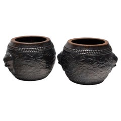 Pair of Vintage Chinese Garden Drum Planters with Peonies & Fu Lions