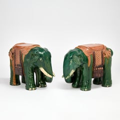 Pair of Vintage Chinese Glazed Terra Cotta Elephant Garden Seats or Stands