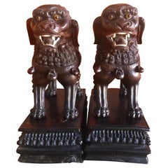 Pair of Antique Chinese Hand Carved Hard Wood Foo Dogs