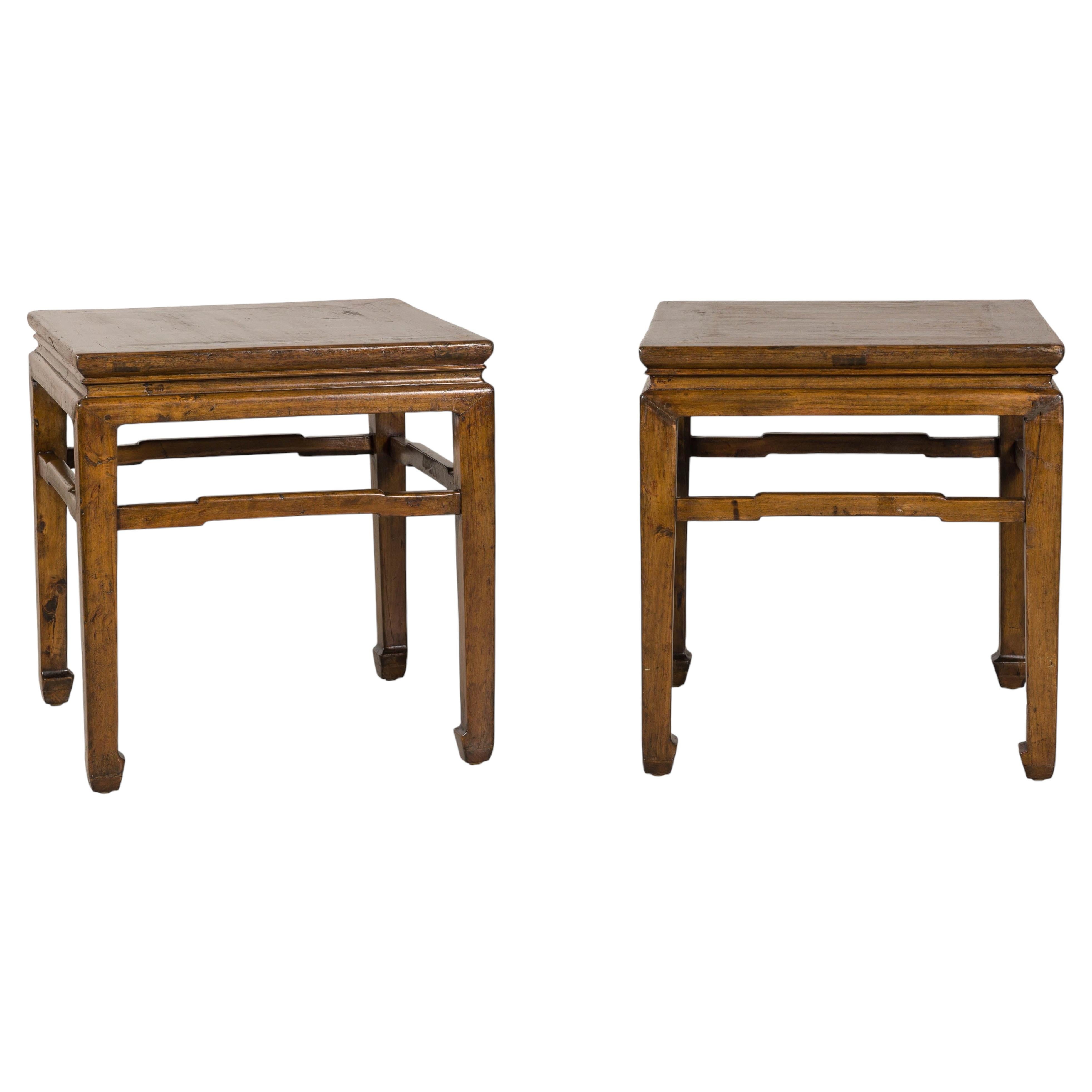 Pair of Vintage Chinese Hardwood Side Tables with Humpback Stretchers