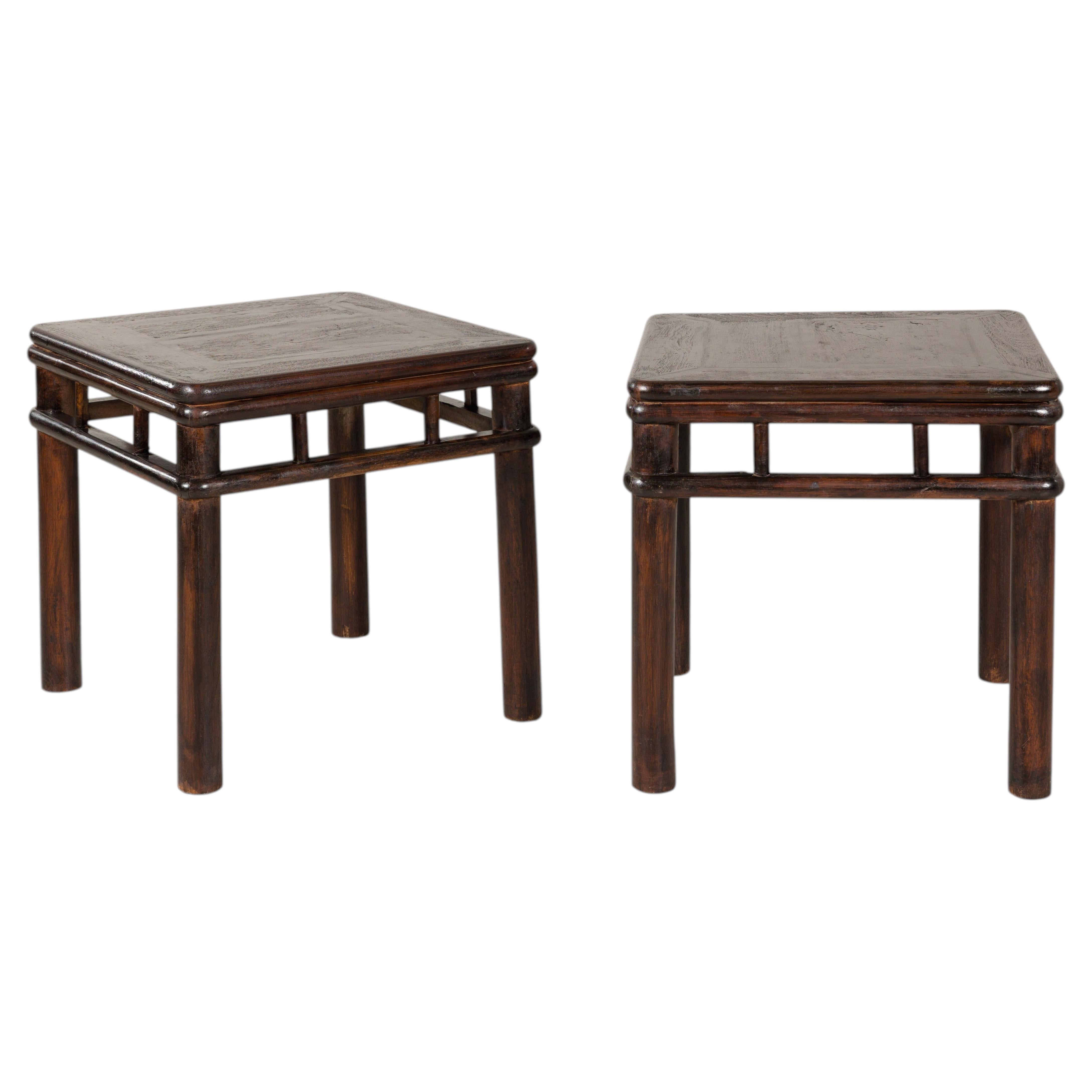 Pair of Vintage Chinese Hardwood Square Top End or Side Tables
