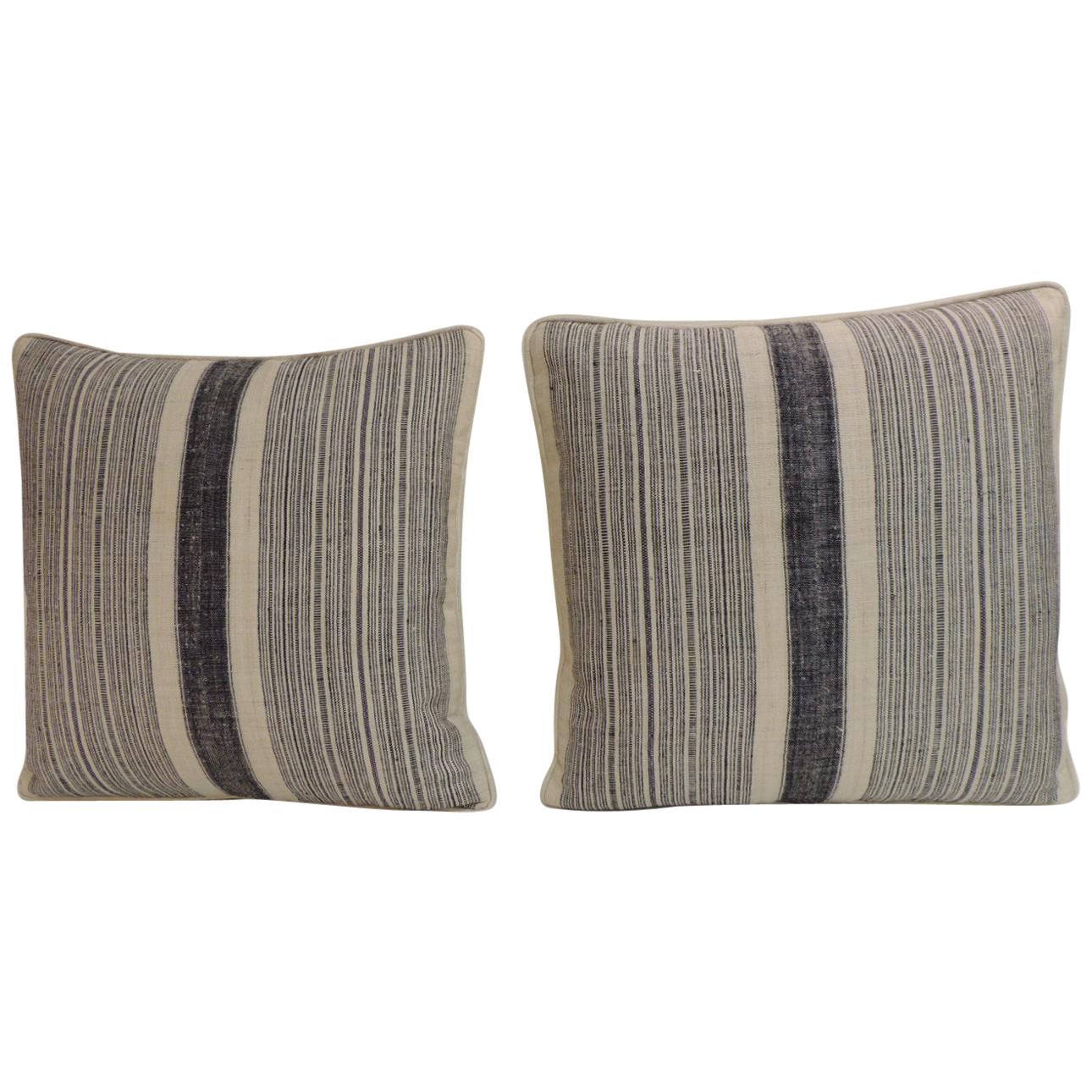 Pair of Vintage Chinese Homespun Blue and Natural Stripes Decorative Pillows