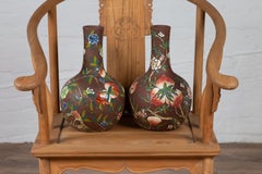 Pair of Vintage Chinese Kendi Shape Brown Vases with Floral and Fruit Décor
