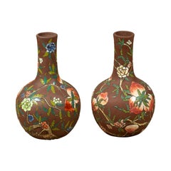 Pair of Vintage Chinese Kendi Shape Brown Vases with Floral and Fruit Décor