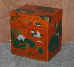 Pair of Vintage Chinese Lacquered Side End Bedside Tables Ducks Hand Painted