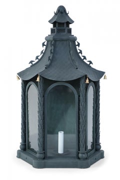 Pair of Vintage Chinese Metal and Glass Bell-Adorned Pagoda Shaped Wall Sconces