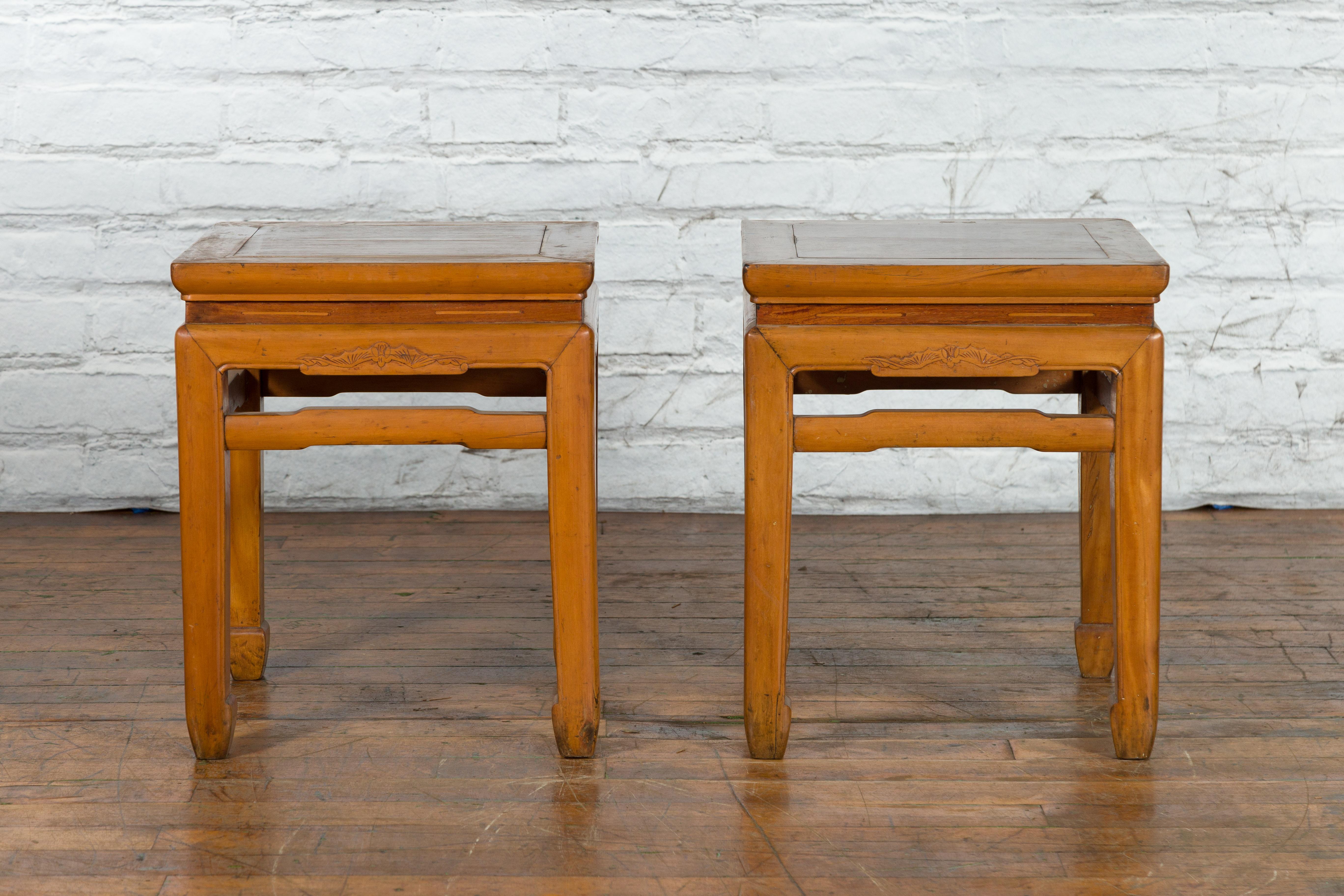 Pair of Vintage Chinese Ming Dynasty Style Waisted Side Tables with Stretchers In Good Condition For Sale In Yonkers, NY