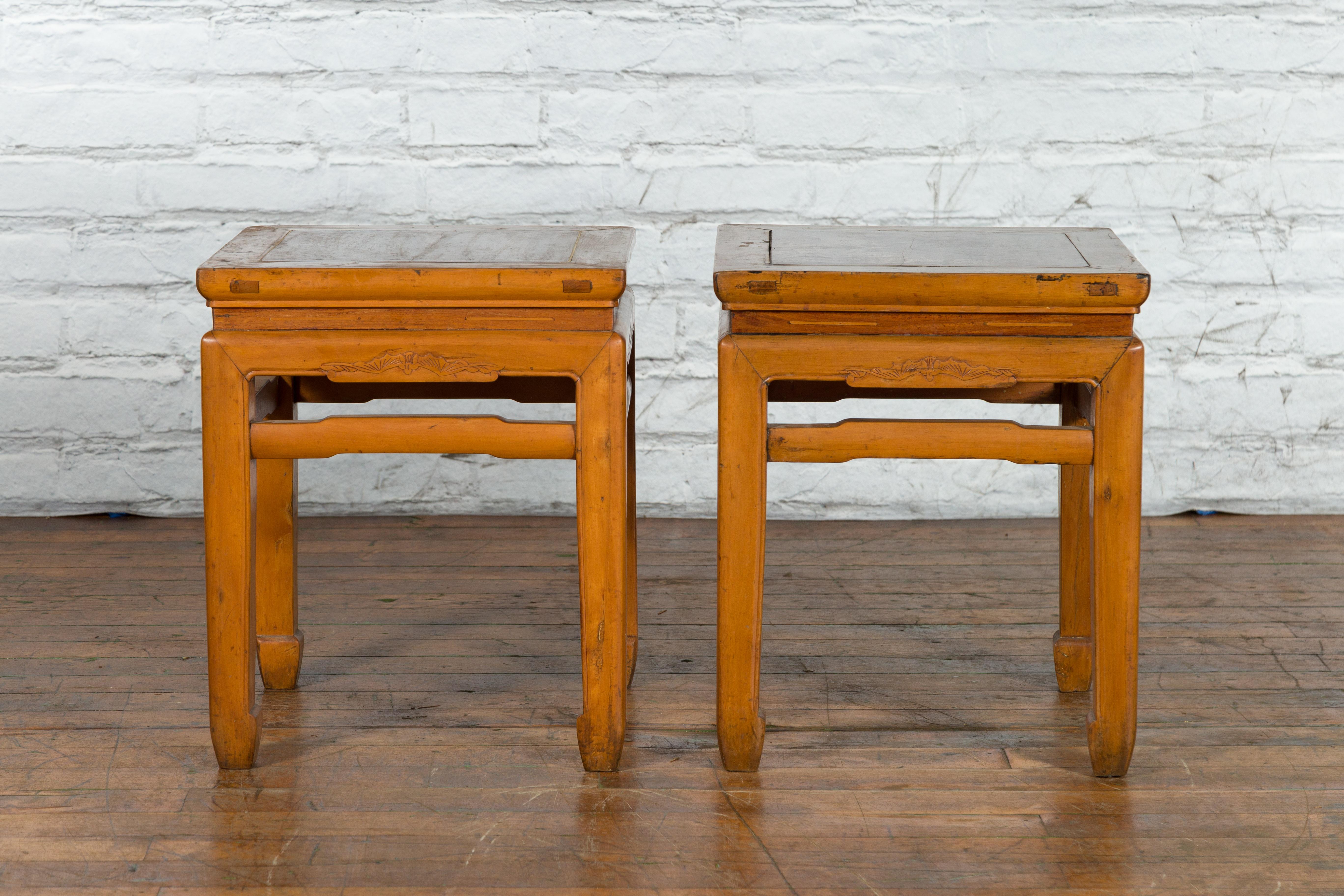 20th Century Pair of Vintage Chinese Ming Dynasty Style Waisted Side Tables with Stretchers For Sale