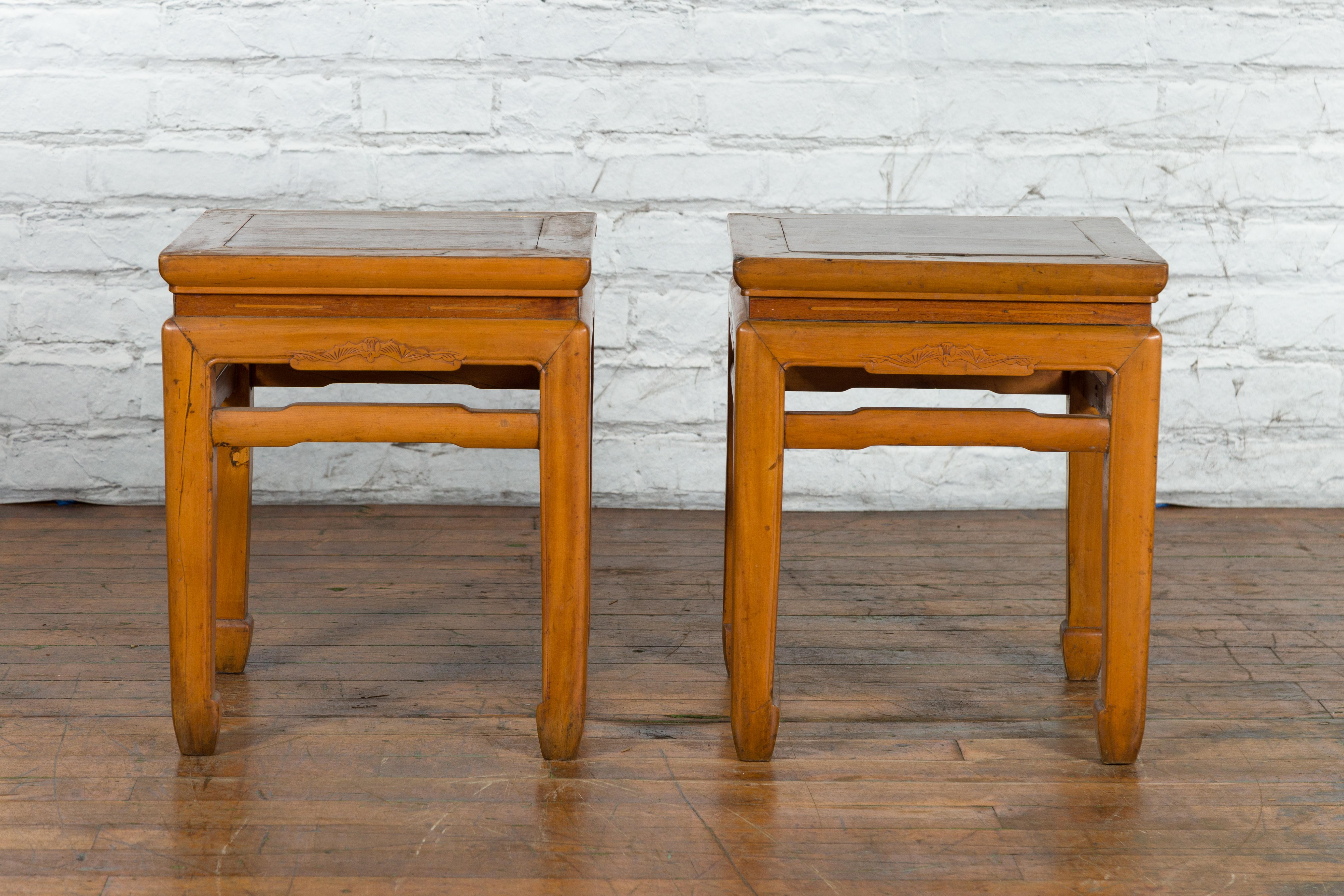 Wood Pair of Vintage Chinese Ming Dynasty Style Waisted Side Tables with Stretchers For Sale