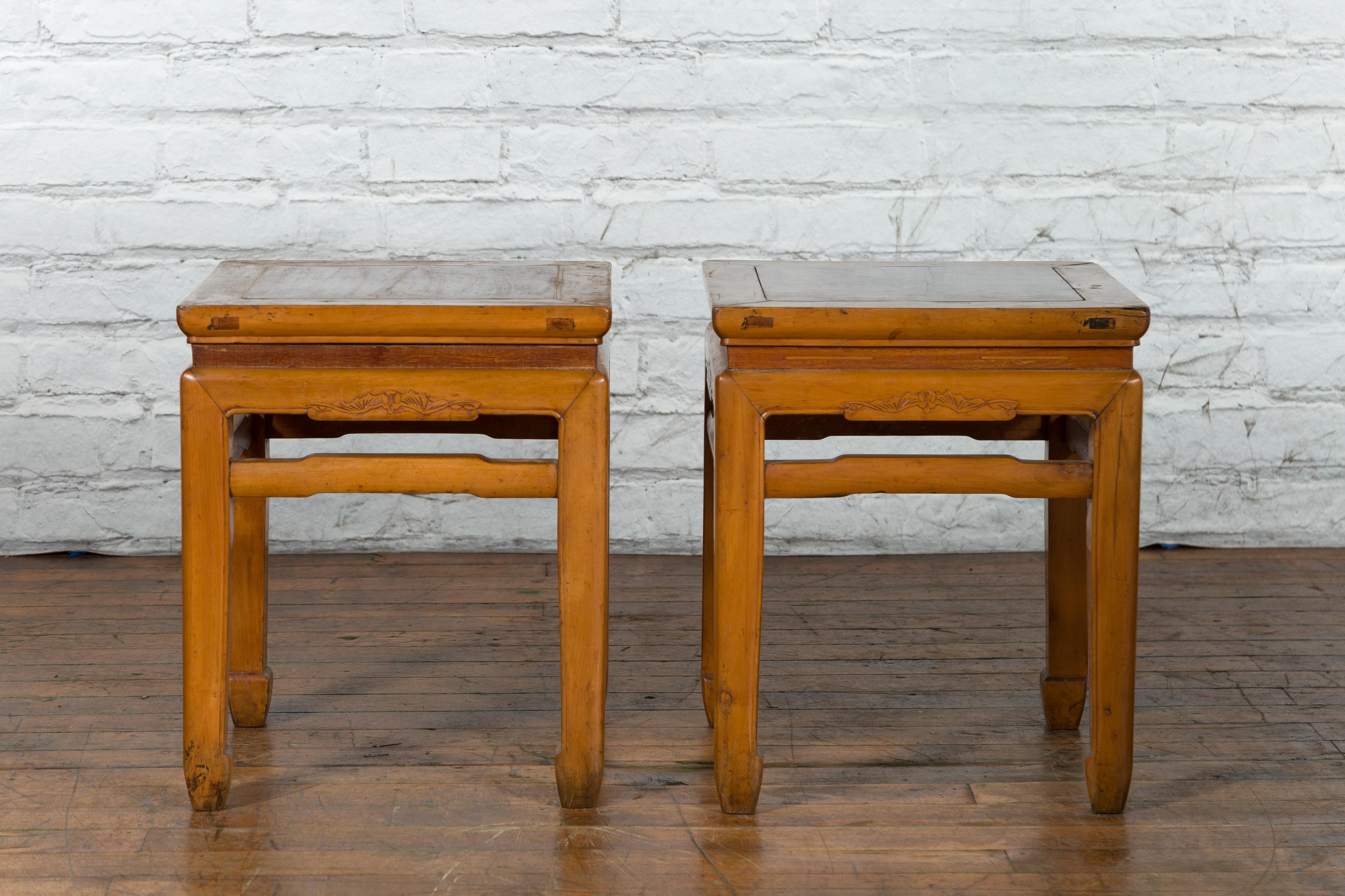 Pair of Vintage Chinese Ming Dynasty Style Waisted Side Tables with Stretchers For Sale 1