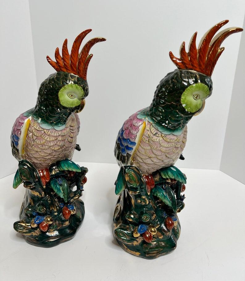 Polychromed Pair of Vintage Chinese Parrot Sculptures